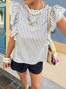 Spring/Summer Grey And White Striped Embroidered Ruffle Trim Blouse, French Vacation Style For Dating And Daily Wear - Multicolor - View 1