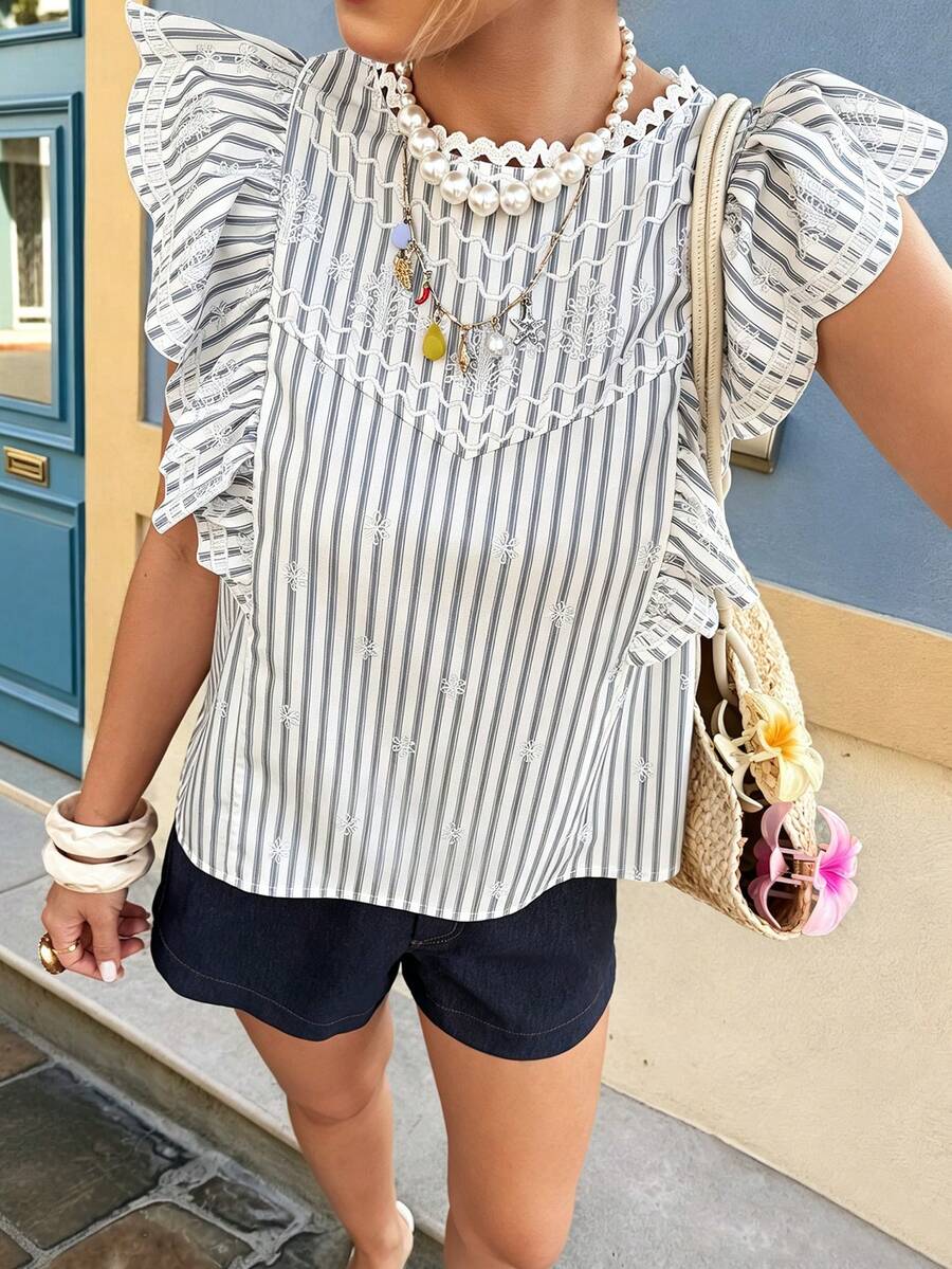 Spring/Summer Grey And White Striped Embroidered Ruffle Trim Blouse, French Vacation Style For Dating And Daily Wear - Multicolor - View 1
