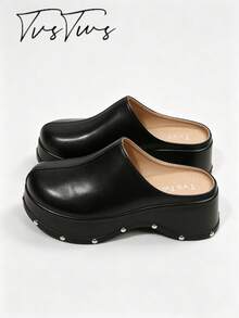 Vintage Minimalist Closed-Toe Perforated Mule Shoes, Rivet Wavy Platform Sole Slip-On Slippers - Black - View 2