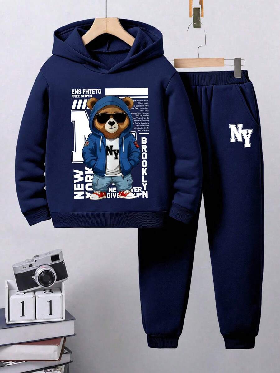 Young Boy Cartoon Bear Print Hoodie And Sweatpants Casual Set - Royal Blue - View 1
