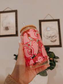 Pink Magic Little Ghost Iced Americano Coffee Glass Straw Cup, Matcha Latte Glass Cup, Halloween Element Design - Dual-Use Cup For Home Decor And Gift - Multicolor - View 9