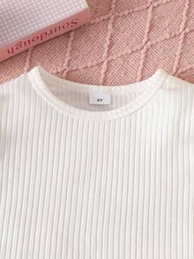 MYVLNA 2pcs/Set Girls White Long Sleeve Top With Pink Plaid Overall Pants, Round Neck, 3D Pleated Sleeves With Button Cuffs, Ruffle Straps And Bow Waist, Wide Leg, Sweet Preppy Style - Multicolor - View 4