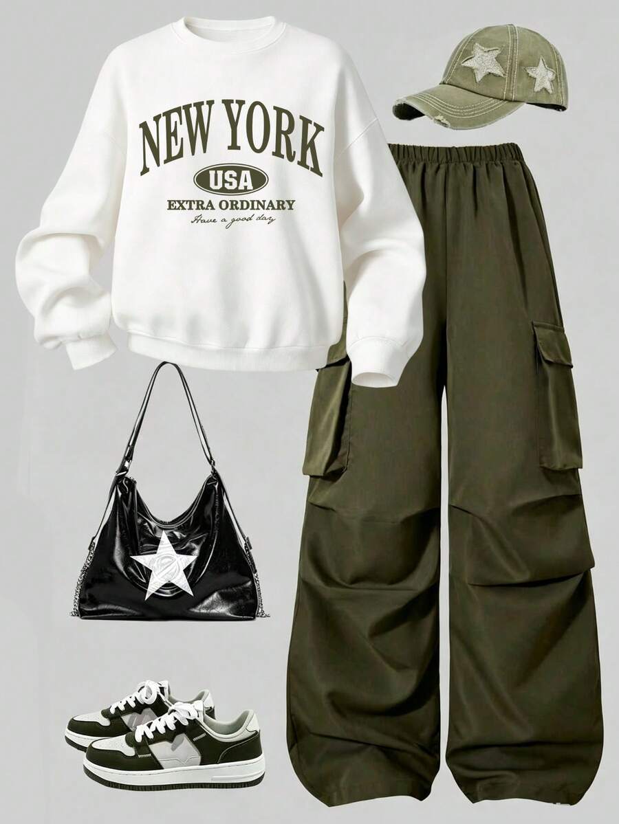 Tween Girl Letter Print Crew Neck Sweatshirt And Cargo Pants - Army Green - View 1