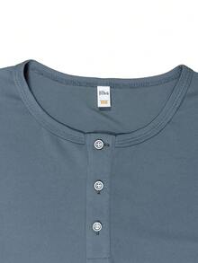 Men's Solid Blue Grey Loose Long Sleeve Henley Shirts Streetwear Button Neck Casual Top - Grey - View 6