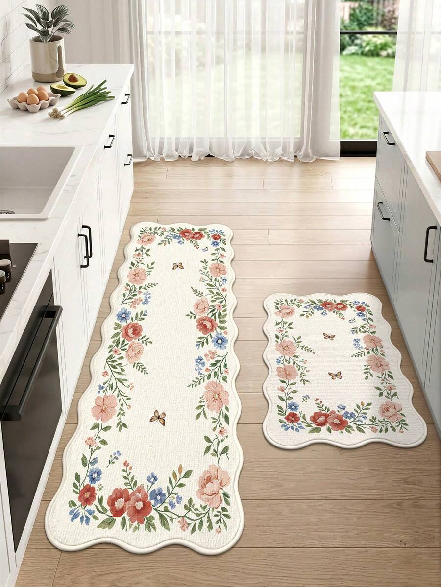 DAJIANG 1pc Floral Fresh Long Runner Rug, Suitable For Bathroom, Kitchen, Outdoor, Hallway, Bedroom, Living Room, Machine Washable Easy Clean Non-Slip Entryway Mat, Bedroom Autumn Decor Rug Accessory