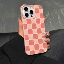 1 Piece Pink Faux Leather Texture Phone Case With Pink Cute Check Pattern, High-End Simple Phone Series Phone Case. - White - View 1