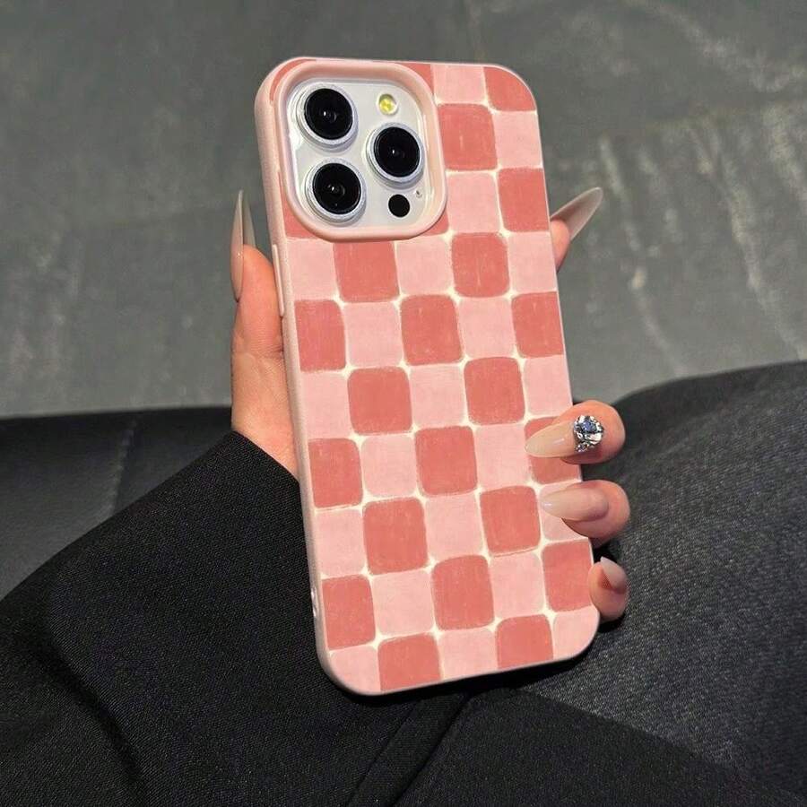 1 Piece Pink Faux Leather Texture Phone Case With Pink Cute Check Pattern, High-End Simple Phone Series Phone Case. - White - View 1