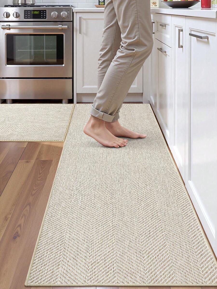 Polyester Material Minimalist Modern Style Fashion Woven Pattern Anti-Slip Easy To Clean Soothing Foot Pressure Relief Wear-Resistant Scratch-Resistant Waterproof Suitable For Kitchen Functional Floor Mat-1PC