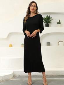 JINLICX Black Round Neck 3/4 Sleeve Loose Fit Floor Length Maxi Dress For Daily & Party - Black - View 2