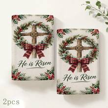 2pcs Christmas Wreath Print Kitchen Towels, He Is Risen English Text, Holly Red Berry Plaid Bow Pattern Hand Towels, Oven Door Decorative Hanging Towels, Holiday Home Kitchen Decor, 4/6/8pcs Box Set - Multicolor - View 9