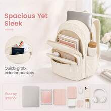 Quilted Multi-Pocket Backpack With Large Side Water Bottle Pockets For School Travel Daily Use - Beige - View 4