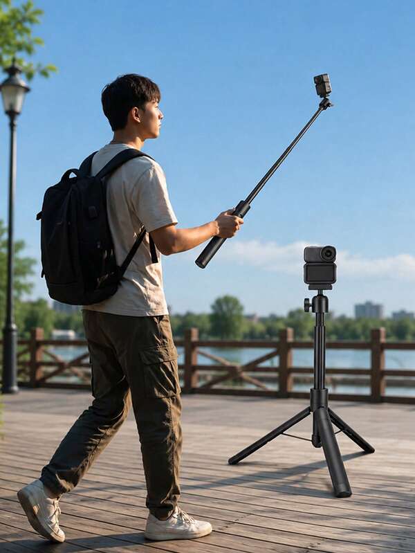 1.2M Extendable Magnetic Selfie Stick Tripod For Action Camera, Portable Sports Camera Mount With 1/4" Thread Interface, Adjustable Ball Head, Desktop Tripod Stand, Magnetic Quick Release Handheld Tripod For Vlog, Travel And Outdoor Shooting