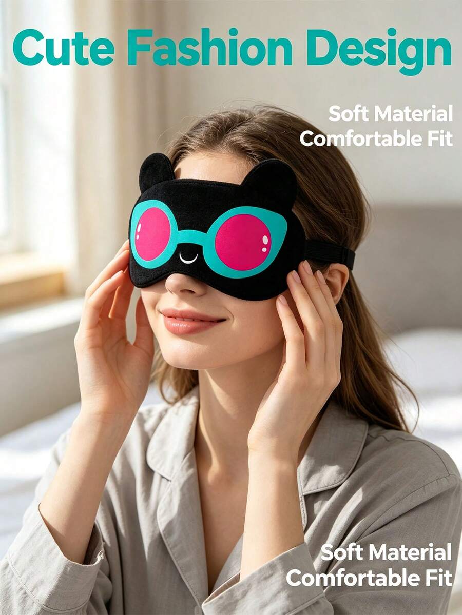 1PC Cute Black Neon Heart Glasses Sleep Mask With Cartoon Bear Ear Design, Soft Comfortable Eye Cover For Sleeping, Travel, Nap And Gift - KB Style - View 1