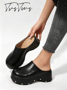 Vintage Minimalist Closed-Toe Perforated Mule Shoes, Rivet Wavy Platform Sole Slip-On Slippers - Black - View 3