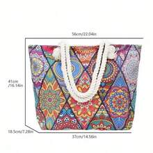 Fashion Geometric Pattern Bohemian Style Travel Beach Bag, Large Capacity Zipper Tote Bag, Outdoor Shopping Camping Handbag, Foldable Shoulder Bag - Perfect For Beach, Travel And Daily Use - Multicolor - View 3
