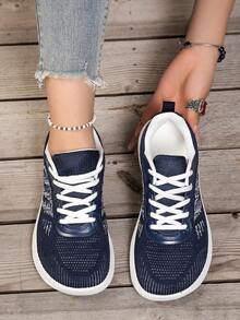 Sepatu Olahraga Wanita Ukuran Besar dengan Ujung Lebar, Bagian Depan Bergaris, Jaring, Bagian Depan Bertali, Sol Lebar Lembut, Ringan, Serbaguna, Modis - Navy Blue - View 3