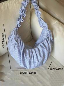 開學季條紋百搭時尚通勤百褶荷葉邊抽繩綁帶帆布單肩包餃子包 大學生適用 - 彩色 - 查看 5