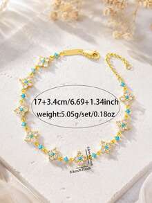 1pc Gentle Floral Patchwork Bracelet, Four-Petal Flower With Rhinestones And Blue Beads, Date Outfit Accessory - Type a - View 2