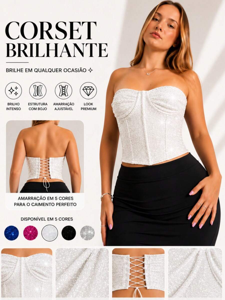 Shiny Corset With Padded Cups And Boning – Strapless Top, Tight, Sexy And Ideal For Parties Or Nightclubs - 白色 - 查看 1