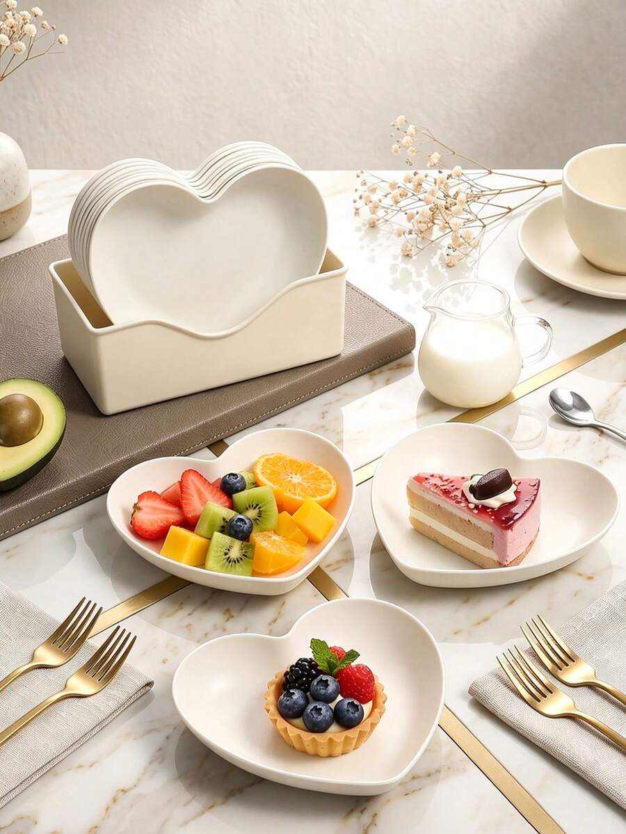 6/10/11pcs Plastic Material Multi-Purpose Heart-Shaped Creative Serving Plates, With Storage Tray, Fruit Plate, Dessert Plate, Cake Plate, Snack Plate, Reusable, Suitable For Home Kitchen Birthday Party Holiday Gathering - Beige - View 1