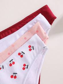 FINETOO 4 Peças Calcinhas Triangulares de Cintura Baixa Femininas em Algodão Puro, Estilo Pastoral com Estampa de Cereja e Poá, Confortáveis e Macias, Conjunto de Roupa Íntima Feminina S-XXL - Multicolorido - Visão 5