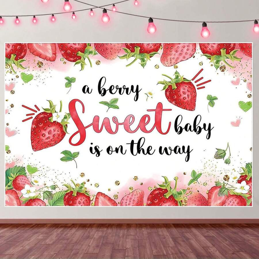 1pc Strawberry Banner Strawberry Girl Babyshower Decorations Photography Backdrop A Berry Sweet Baby Is On The Way Background Cake Table Supplies - Multicolor - View 1
