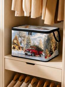 Christmas Foldable Storage Box With Zipper Lid, Collapsible Zipper Storage Bin With Lid And Handles, Large Capacity Clothing And Bedding Organizer Box With Handles, Christmas Tree And Red Truck Pattern Blanket Storage Box - Multicolor - View 8