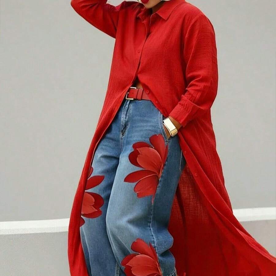 European And American Style Long-Sleeve Shirt Dress For Women, Solid ...