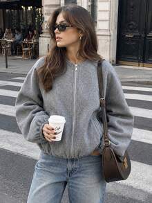 Women's Fashionable Versatile Solid Color Short Jacket, Autumn/Winter Casual Fall - Grey - View 2