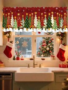1pc Christmas Tree Curtain Valance, Christmas Tree Pattern, Polyester Material, Rod Pocket, Suitable For Kitchen, Living Room, Bedroom, Christmas Kitchen Decor, Home Holiday Decoration - Green - View 6