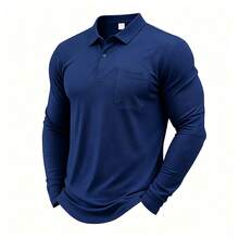 Men's Solid Color Long Sleeve Polo Shirt With Pocket, Turn Collar Button Up Top, Casual Daily Commute Sports Long Sleeve T-Shirt - Navy Blue - View 2
