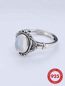 100% 925 Sterling Silver Natural Moonstone Women's Ring, Classic Fashion Adjustable Band Ring Jewelry Gift - Antique Silver - View 2