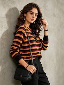 Women's Round Neck Color Block Striped Long Sleeve Autumn/Winter Soft Comfortable Loose Slouchy Knit Pullover, Daily Vintage Streetwear Top - Multicolor - View 6