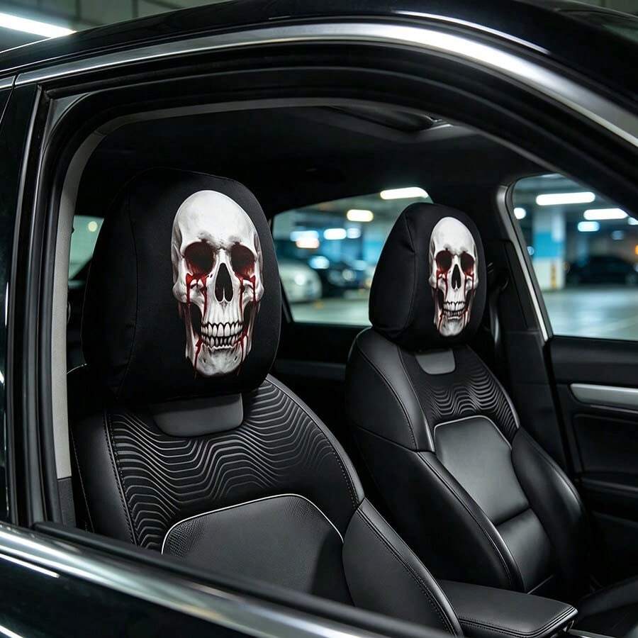 2件裝恐怖骷髏肖像印花汽車頭枕套,汽車座椅頭枕保護套,可水洗易清潔,彈性設計,四季通用,易安裝拆卸,適合自駕旅行、長途駕駛,萬聖節裝飾/聖誕裝飾 - A - 查看 1