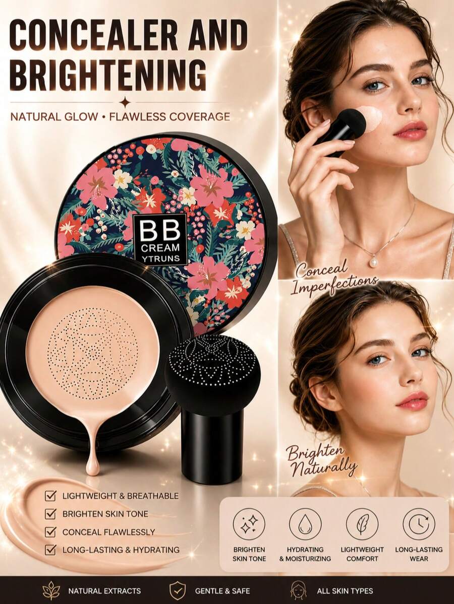 Ytruns Light To Medium Tone Moisturizing Cushion Foundation - Full Coverage, Long-Lasting, Natural Bare Skin Finish, Suitable For All Skin Tones And Types - Comes With Mushroom Head Sponge For Easy Application - Multicolor - View 1