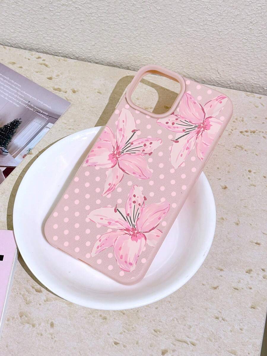 1 buah Casing Ponsel Minimalis Motif Bunga INS Gaya Pink Klasik dengan Polka Dot Kecil dan Pola Bunga Lili, Lubang Besar, Tekstur Kulit, Perlindungan Penuh, Lembut, Kompatibel dengan iPhone 11/12/13/14/15/16/17 Pro Max - MultiWarna - View 1