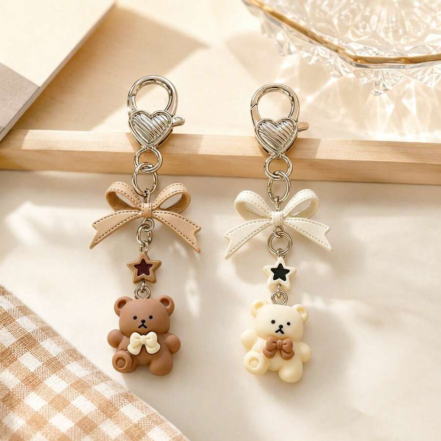 1pc/2pcs Unisex Cartoon Resin Bear Pendant With Bow Knot And Star Beads, Keychain, Couple Backpack Charm, Bag Key Hanger - Multicolor - View 1