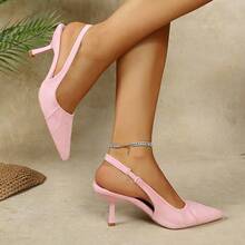 Outdoor Party Apricot Pointed Toe Solid Color Slingback High Heel Pumps - Pink Pleated - View 5