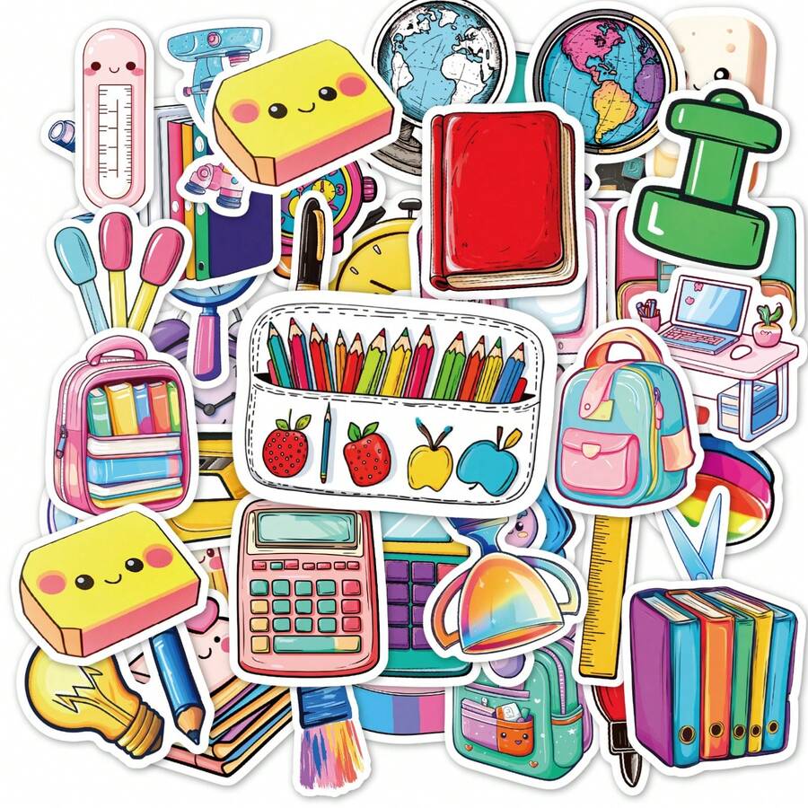 50Pcs Back To School Stationery Bag Pouch Stickers, Scrapbook Supplies Journal Supplies, Handmade Card Material, Scrapbook Lovers, School Essentials Handcraft - Multicolor - View 1
