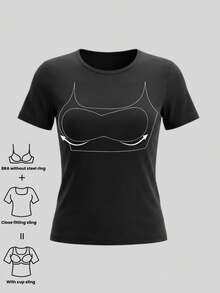 Summer Fashion Round Neck Short Sleeve T-Shirt, With Fixed Non-Removable Chest Pads, Soft And Comfortable, Suitable For All-Day Wear And Sports Black - Black - View 7