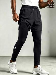 mulinsen Men's 2-In-1 Running Compression Shorts Layered Design Elastic Quick-Dry Training Tight Pants - Black - View 1