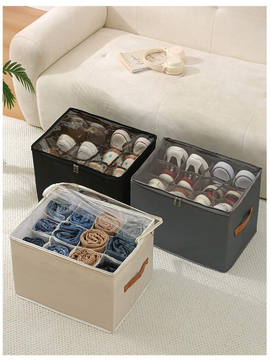 Space Saving Foldable Fabric Shoe Storage Box, Clear Mesh Dustproof Cover With Handle, Multi Compartment Shoe Organizer Container For Wardrobe, Sneakers & Flats - Multicolor - View 1
