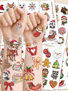 STARTTOOS 8 Sheets 96pcs Christmas Santa Reindeer Snowman Bell Combination Pattern Temporary Tattoo Stickers, Children DIY Birthday Party Christmas Gift Arm Body Temporary Waterproof Tattoo Stickers - Multicolor - View 1