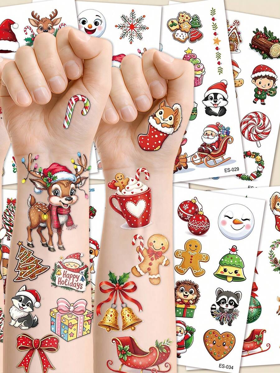STARTTOOS 8 Sheets 96pcs Christmas Santa Reindeer Snowman Bell Combination Pattern Temporary Tattoo Stickers, Children DIY Birthday Party Christmas Gift Arm Body Temporary Waterproof Tattoo Stickers - Multicolor - View 1