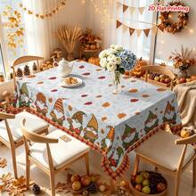 1/2pcs Autumn Tablecloth, Autumn Harvest Theme Tablecloth, Polyester Material, Three Little Gnomes Wearing Hats Sitting On A Bench Holding Pumpkin, Maple Leaf, Sunflower, Black Bird, Pine Cone Decor, Kitchen, Dining Room, Coffee Table, Dining Table, Picnic, Camping, Country Farmhouse Decoration, Thanksgiving Autumn Holiday Tabletop Protection Decor - Multicolor - View 12