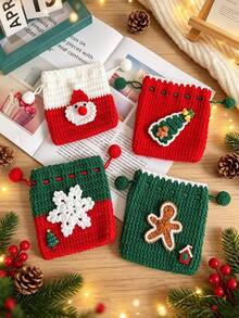 10/1pc Handmade Crochet Knitted Drawstring Storage Bag, Square Mini Soft Woven Pouch With Pom Pom Drawstring, 3D Santa Claus Snowflake Gingerbread Man Christmas Tree Applique Decor, Small Coin Purse, Christmas Holiday Party Decoration Gift Bag - Multicolor - View 2
