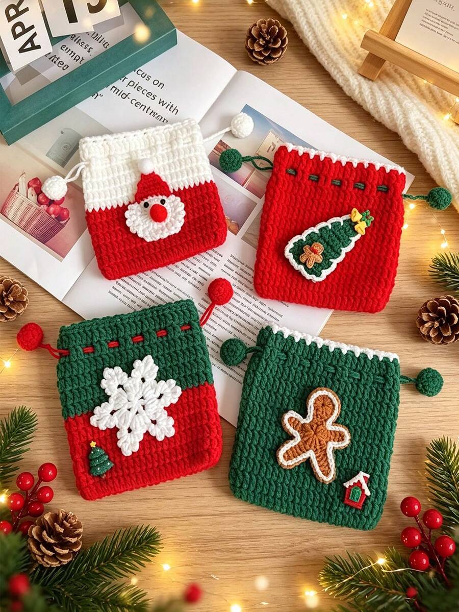 10/1pc Handmade Crochet Knitted Drawstring Storage Bag, Square Mini Soft Woven Pouch With Pom Pom Drawstring, 3D Santa Claus Snowflake Gingerbread Man Christmas Tree Applique Decor, Small Coin Purse, Christmas Holiday Party Decoration Gift Bag