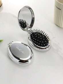 1pc Shiny Electroplated Silver Oval Folding Pocket Comb With Built-In Mirror, Compact Portable Travel Comb For Bags, Unisex - Multicolor - View 1
