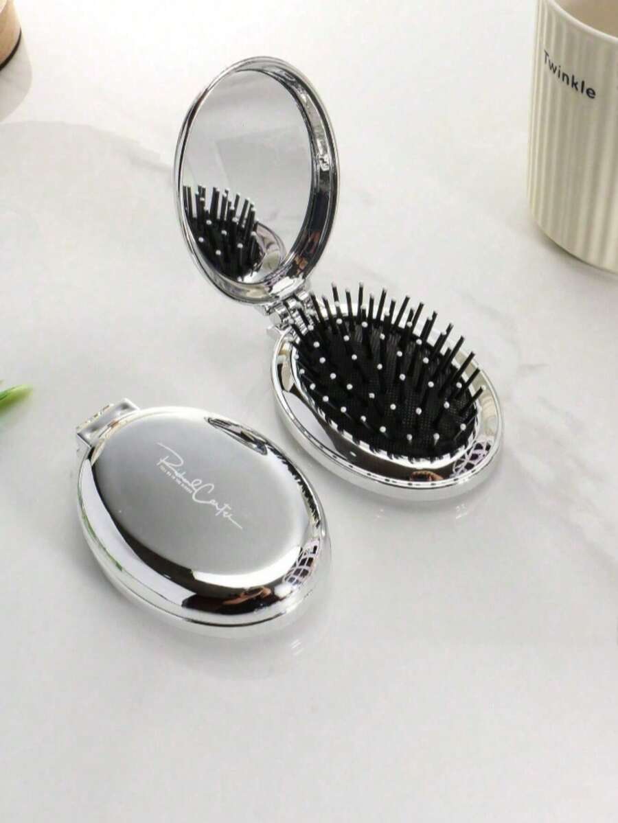 1pc Shiny Electroplated Silver Oval Folding Pocket Comb With Built-In Mirror, Compact Portable Travel Comb For Bags, Unisex - Multicolor - View 1