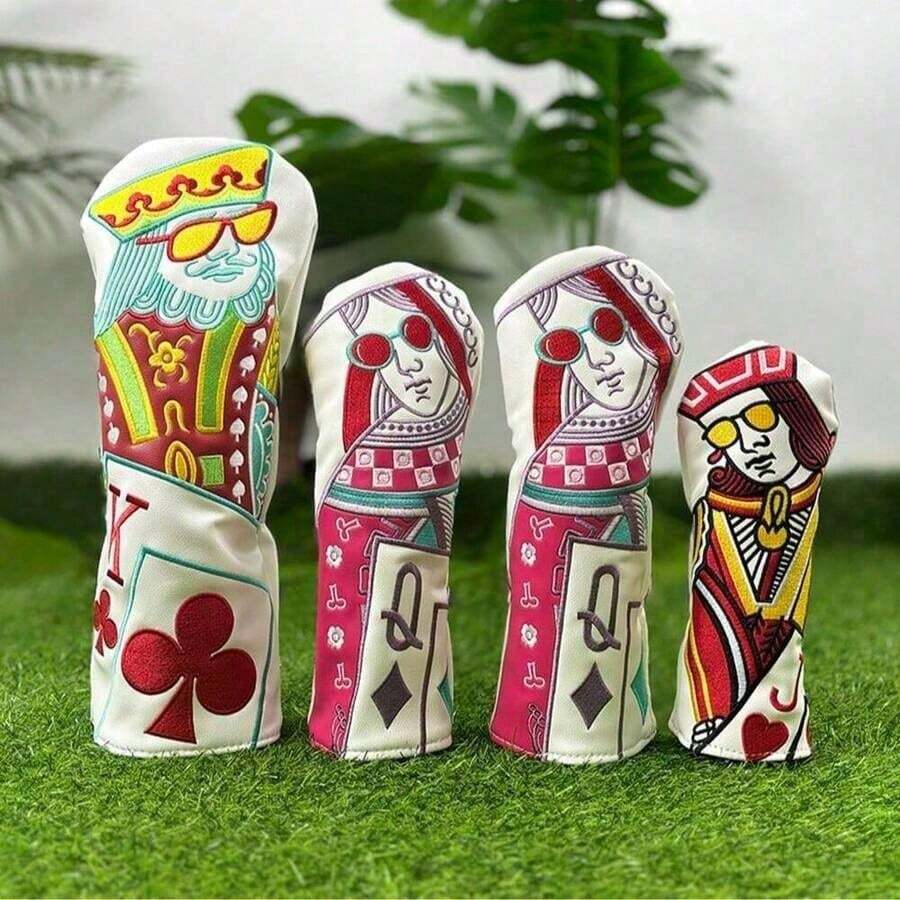 Pelindung Kepala Stik Golf Bordir Berwarna Cerah, Bahan PU, Pola Kartu Remi Berwarna-warni, Aksesori Pelindung Modis, Pelindung Kepala Stik Golf Kreatif, Bordir Berwarna-warni